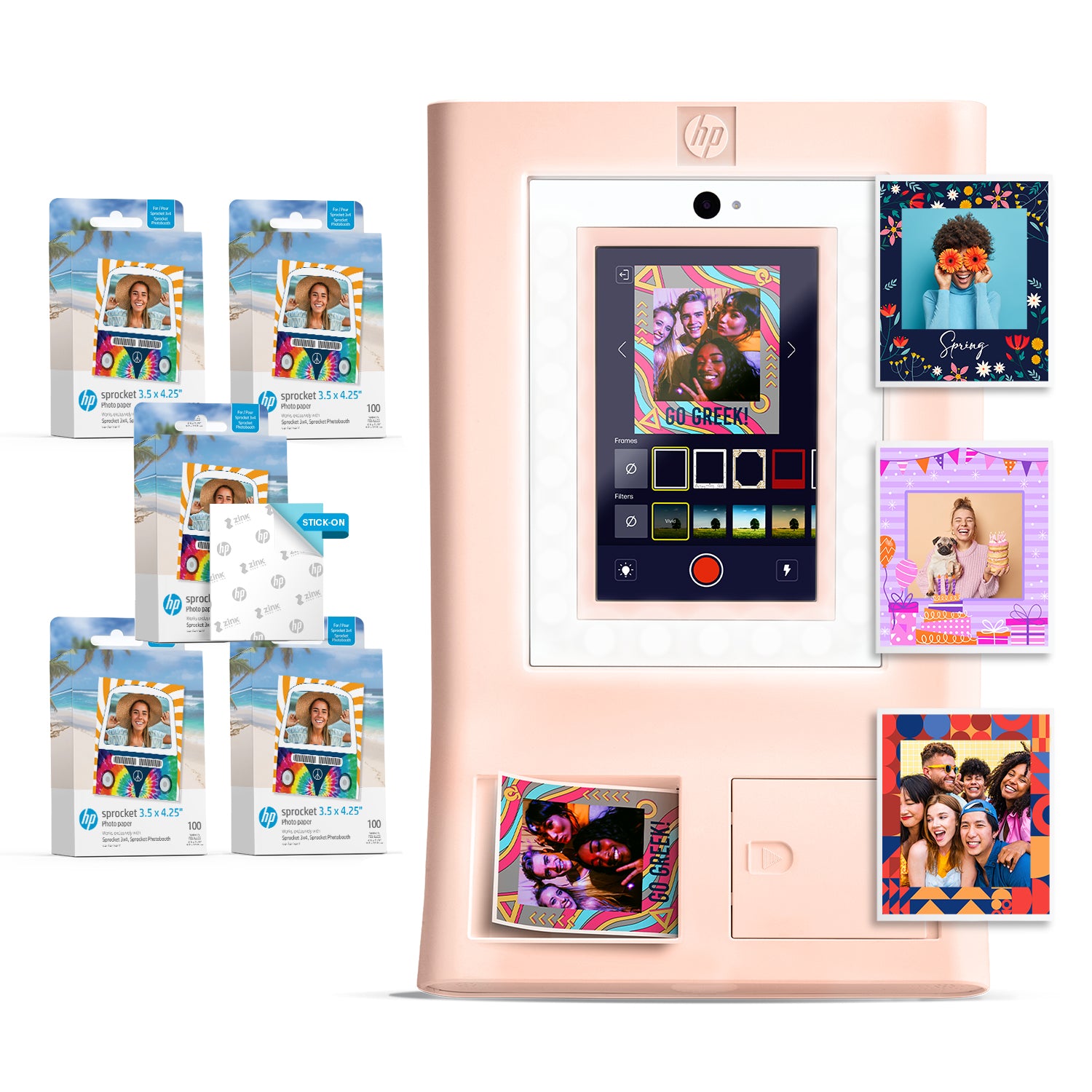 859991 HP Sprocket Photobooth 3x4" Photo Printer (Pink) Bundle w/3.5 x 4.25” Zink Photo Paper (500 Sheets) - Image 1