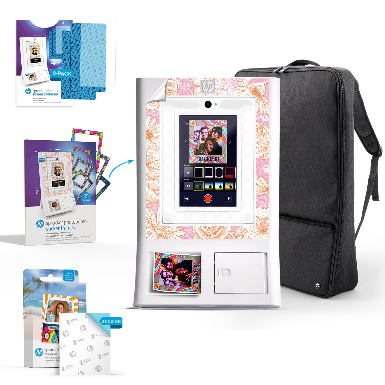 860014 HP Sprocket Photobooth 3x4" Photo Printer (White) Bundle w/Zink Paper, Case, Screen Protector & More - Image 1